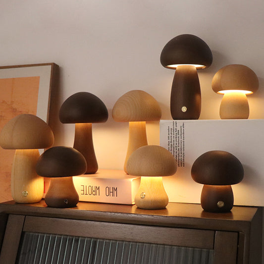 Wooden Mushroom LED table lamp with soft warm Nordic ambient light